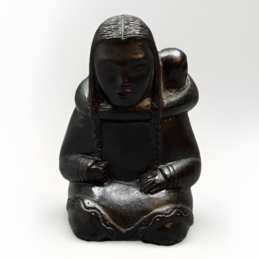 Native American Woman Carrying Child Figurine Southwest Style Black Sculpture